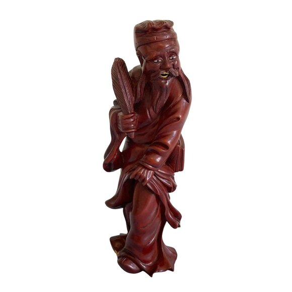 Other - Vintage Chinese Wood Carving Old Wise Man Inlaid Bone Eyes Teeth